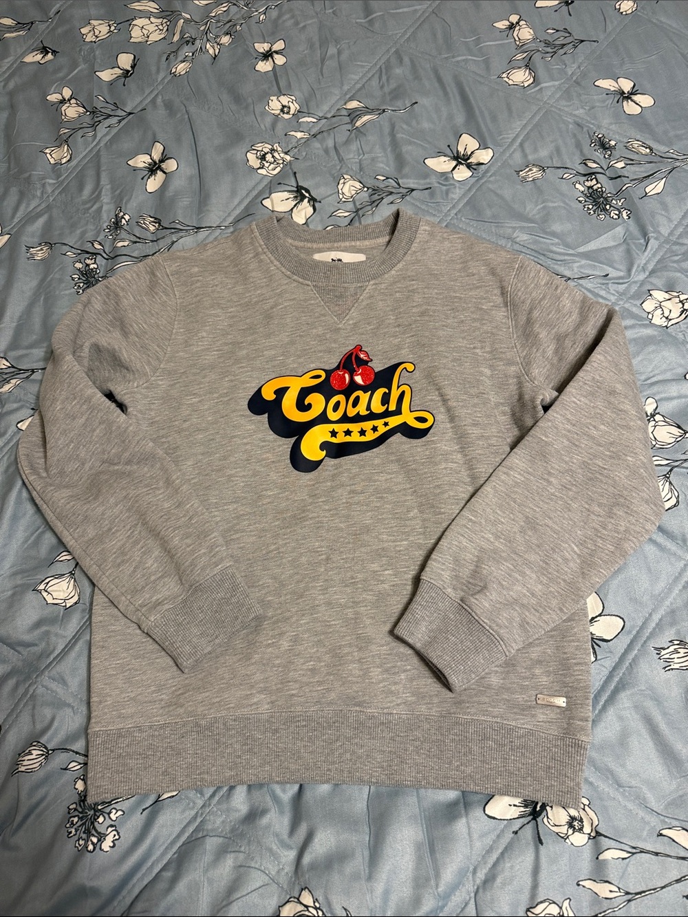 Coach Light Gray Crewneck Sweatshirt with Yellow & Navy Logo and Red Cherry